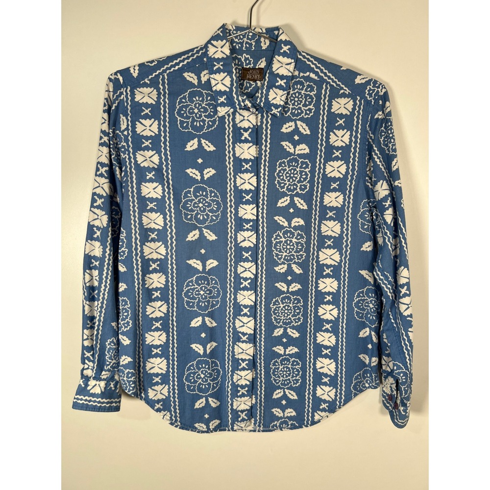 John Henry Vintage Blue White Floral Stripe Button Down Shirt Western Size 8